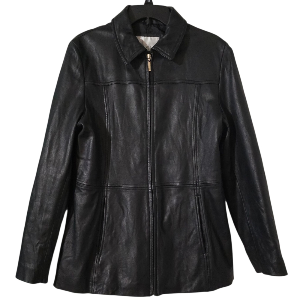 Nine West Women's Black Leather Jacket | Size Large | Full Zip Very Soft Classic